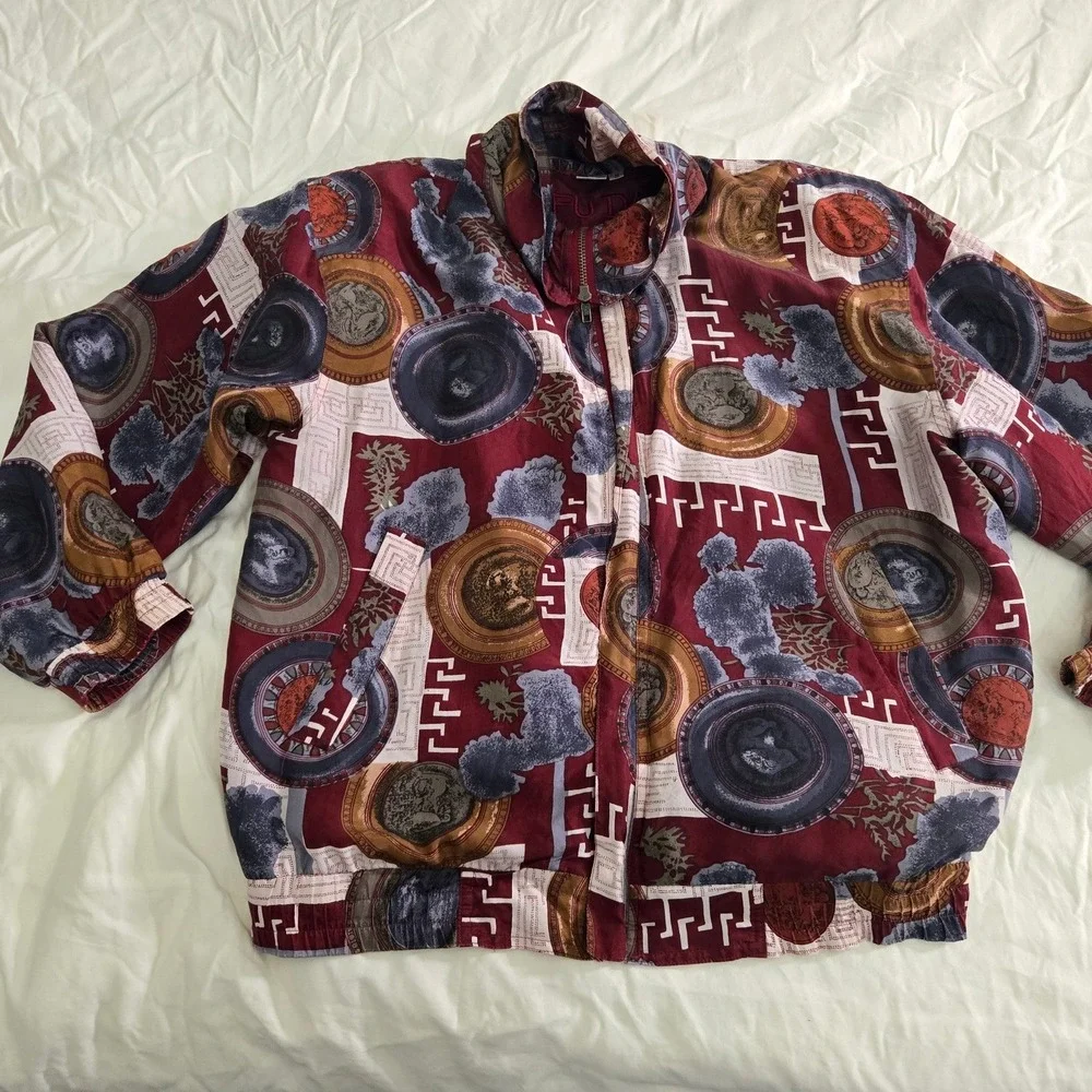 FU DA International Silk Bomber Jacket Small Burgundy Medallion Vintage - Picture 3 of 8